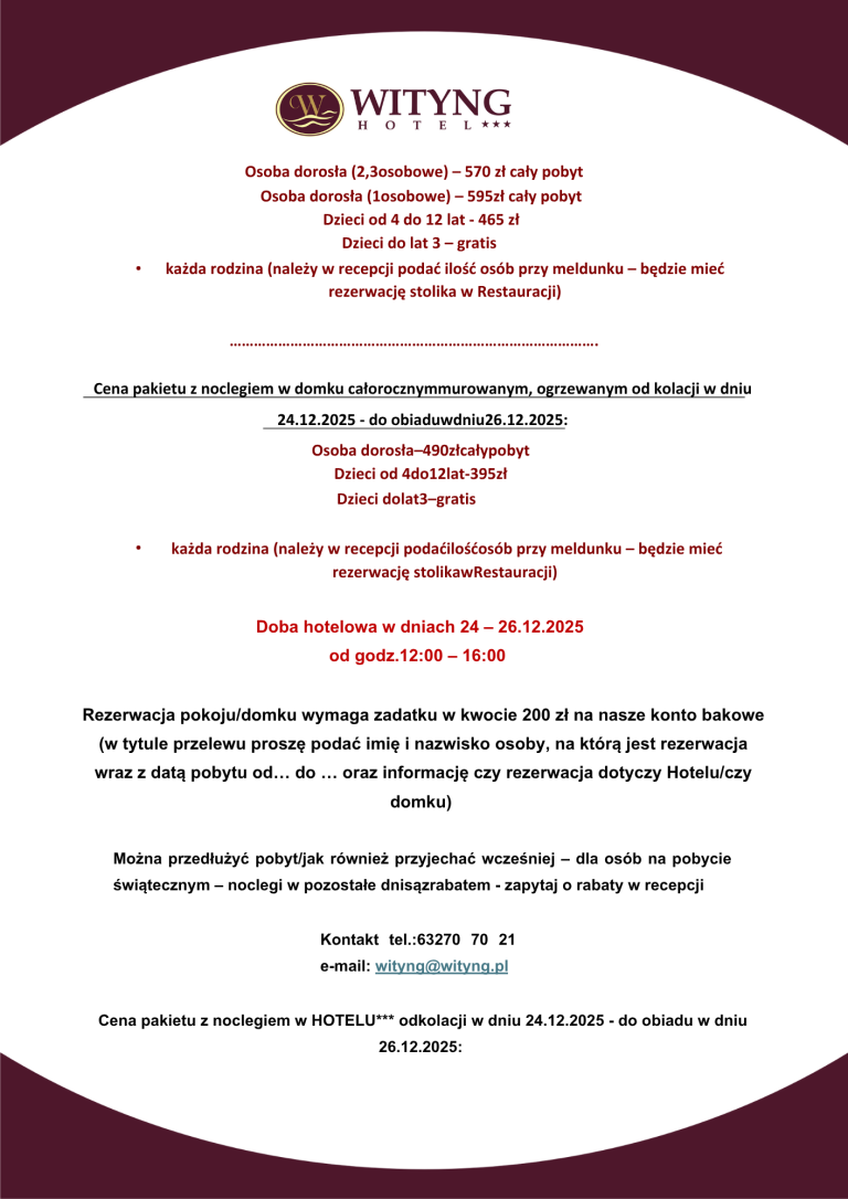 oferta pobyt świąteczny wityng